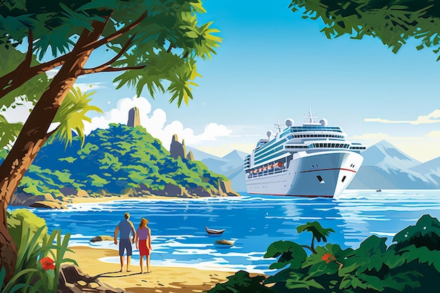 Ilustrações de pessoas desfrutando de cruzeiros em aventuras em águas calmas nos trópicos