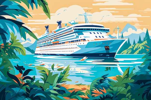 Ilustrações de pessoas desfrutando de cruzeiros em aventuras em águas calmas nos trópicos
