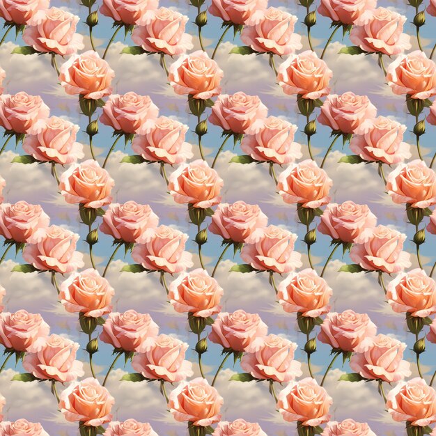 Ilustrações de rosas rosa do Dia dos Namorados no céu de fundo padrão sem costura