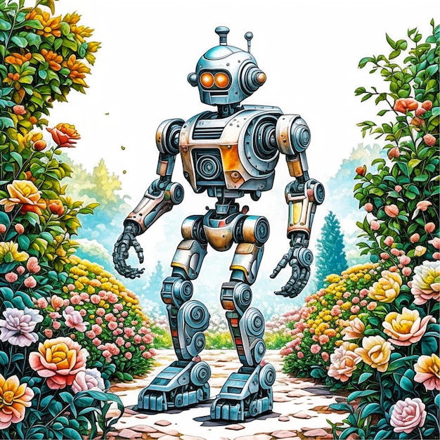 Foto ilustrações de uma pintura a óleo de um robô em um jardim de rosas com uma floresta envolta em neblina