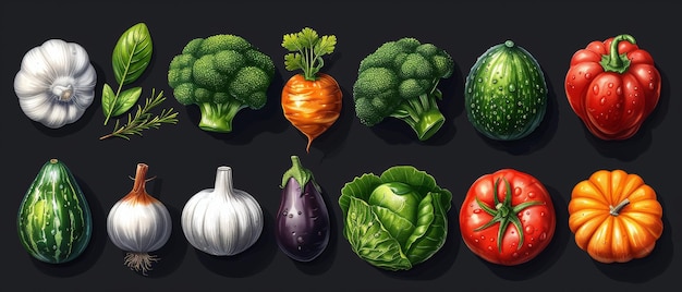 Ilustrações de vegetais tomate, beterraba, folha de baía, pimenta, berinjela, pepino, brócolis, cenoura, abóbora, abacate, cebola e alecrim