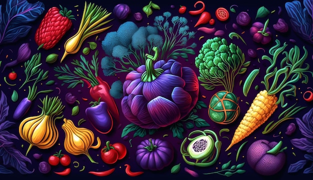 Ilustrações desenhadas à mão com padrão vegetal com cores vibrantes ousadas IA generativa