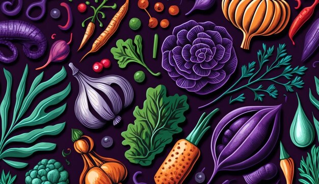 Ilustrações desenhadas à mão com padrão vegetal com cores vibrantes ousadas IA generativa