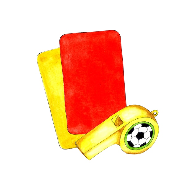 Ilustrações em aquarela de cartas de futebol amarelas e vermelhas e apito para design de esportes