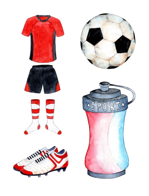 Foto ilustrações em aquarela de conjunto de futebol, uniforme, camiseta e shorts, tênis, bola e garrafa de água