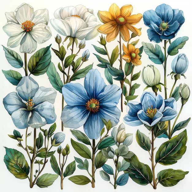 Ilustrações em aquarela de flores e plantas sobre um fundo branco Pintadas à mão