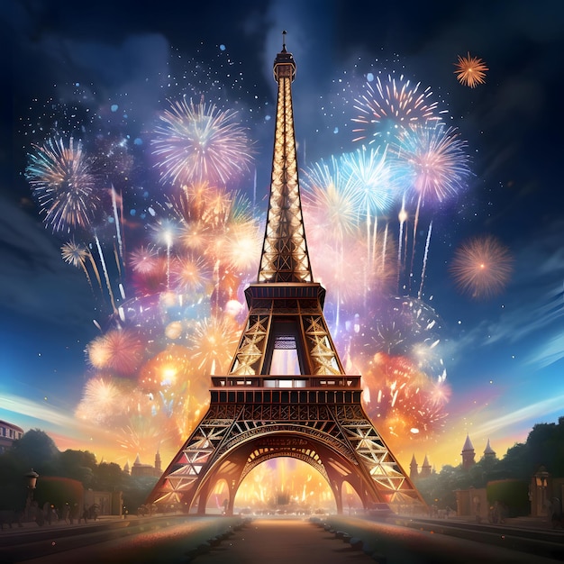 Ilustrações explosões fogos de artifício sobre a Torre Eiffel Ano Novo diversão e festividades