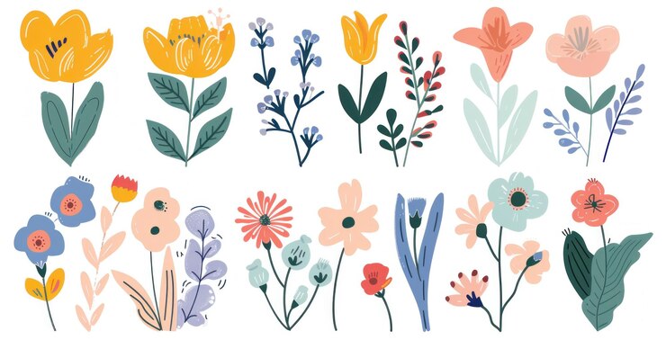 Foto ilustrações florais coloridas desenhadas à mão em um fundo claro mostrando várias flores em cores e estilos vibrantes