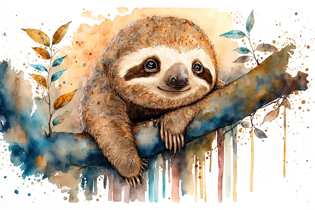 Ilustrações fofas em aquarela de uma pequena preguiça