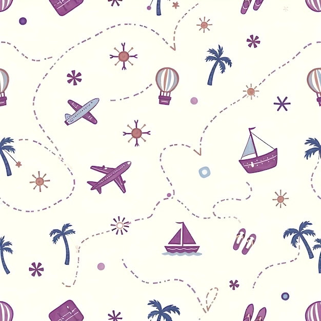 ilustrações temáticas de viagens aviões balões de ar quente barcos malas palmeiras sandálias de praia