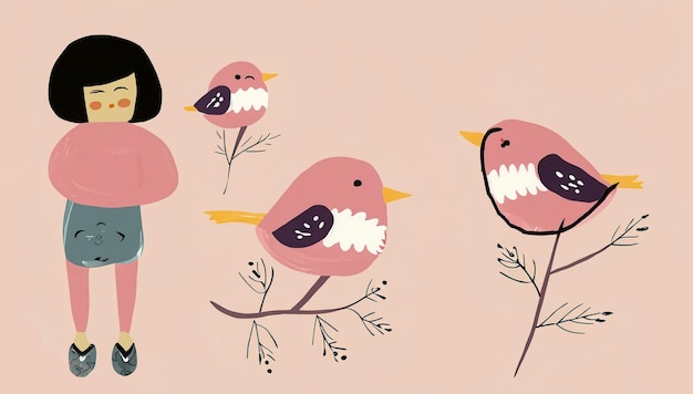 Ilustrações vetoriais bonitas desenhadas à mão com pássaros engraçados em um fundo branco e rosa pastel