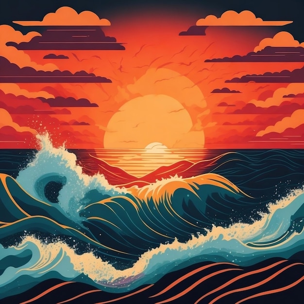 Ilustrações vetoriais de desenho plano de ondas oceânicas de tempestade ao pôr-do-sol