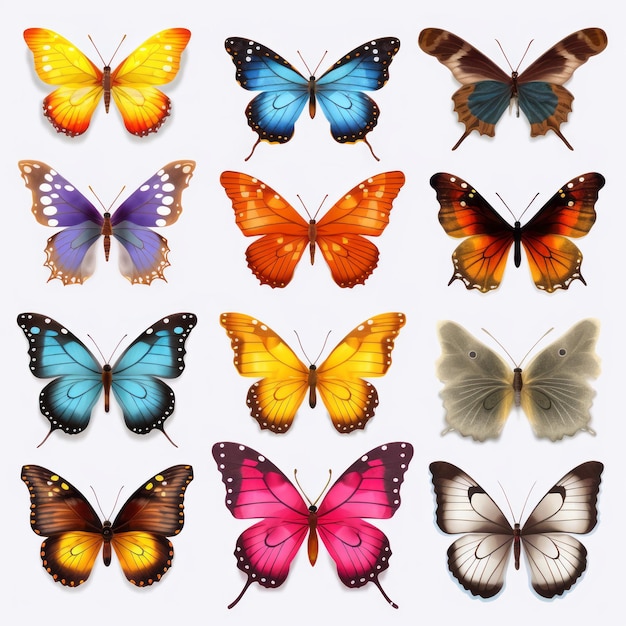 Ilustrações vibrantes de borboletas hiper-realistas em fundo transparente