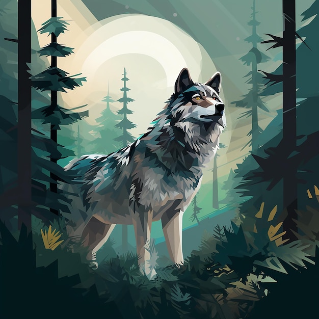 Ilustrado Lobo Guardião da Floresta Em pé no meio da floresta