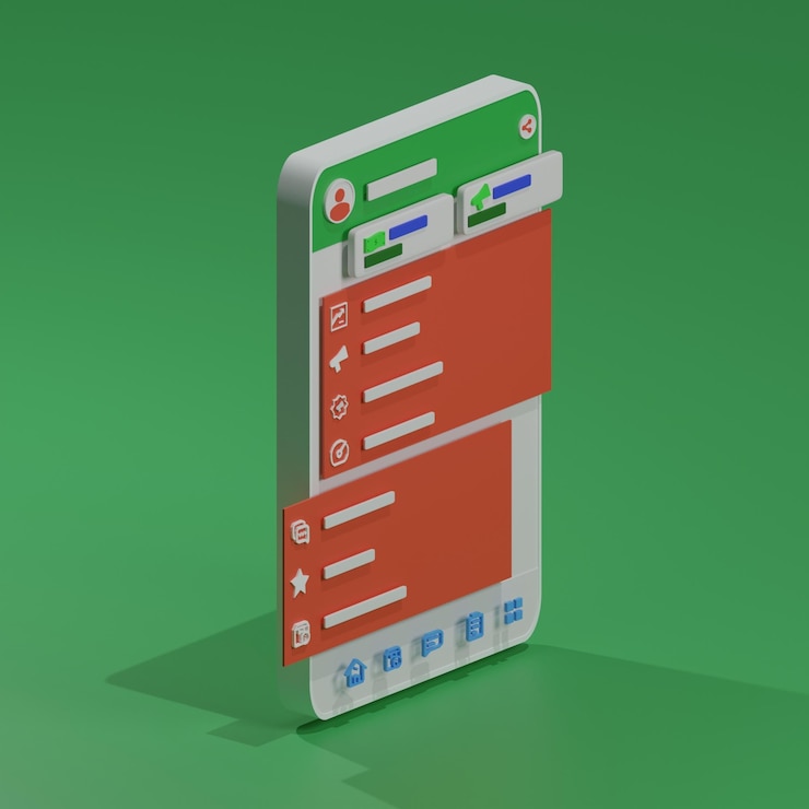 Foto ilustrador 3d de la aplicación de plataforma de compra y venta de teléfonos inteligentes con vista izquierda