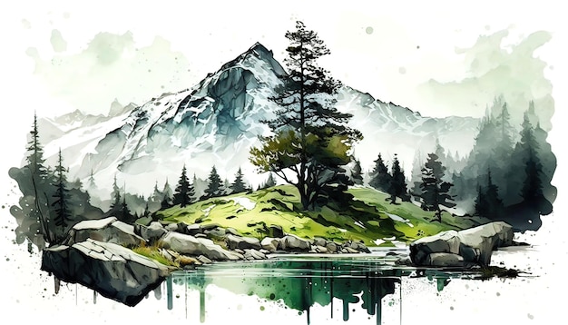 Ilustrador de paisagem montanhosa cor de água verde Gerar IA