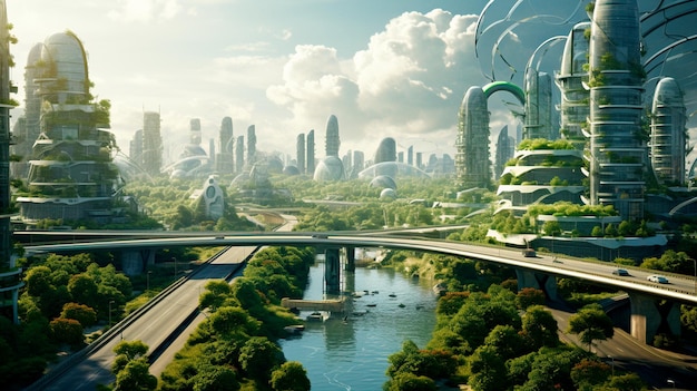 Ilustrador de inteligencia artificial generativa de ciudad ecológica futurista