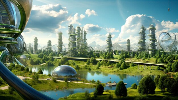 Ilustrador de inteligencia artificial generativa de ciudad ecológica futurista