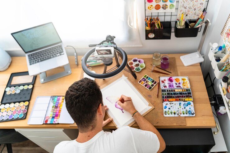 Foto el ilustrador lgbtq de creative visions muestra su arte en el estudio