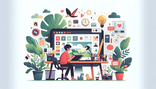 Ilustrador de procesos creativos Artesanía digital en el entorno de trabajo diario de Candid Flat Vector Illustrat