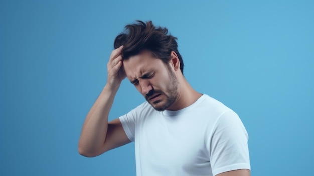 Ilustrando la enfermedad Un hombre con fiebre y gripe agarrando su cabeza en la incomodidad de pie en una camiseta blanca contra un fondo azul que simboliza la migraña y los síntomas de la enfermedad xA