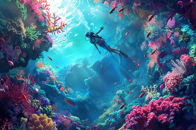 Ilustrar a cena do explorador subaquático fl generative ai