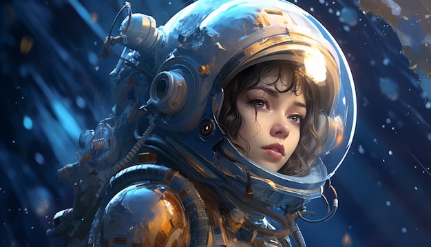 Ilustrar una chica en traje espacial futurista tal vez con un casco y un jetpack explorando el cosmos Este dibujo puede combinar elementos de ciencia ficción y adve 21