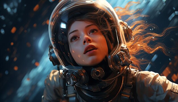 Foto ilustrar una chica en traje espacial futurista tal vez con un casco y un jetpack explorando el cosmos este dibujo puede combinar elementos de ciencia ficción y adve 21