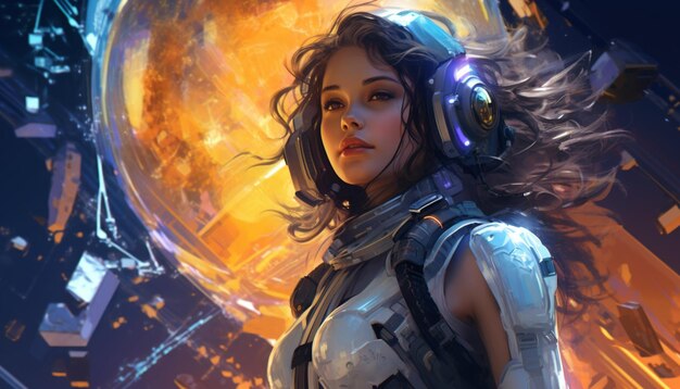 Ilustrar una chica en traje espacial futurista tal vez con un casco y un jetpack explorando el cosmos Este dibujo puede combinar elementos de ciencia ficción y adve 21