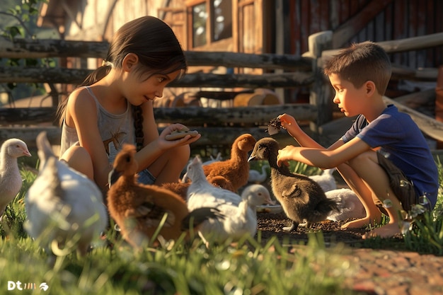 Foto ilustrar crianças alimentando animais em uma fazenda