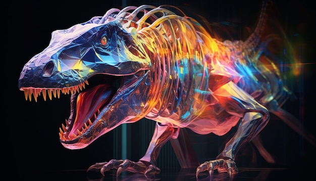 Ilustrar un dinosaurio como una proyección holográfica con elementos visuales translúcidos y dinámicos