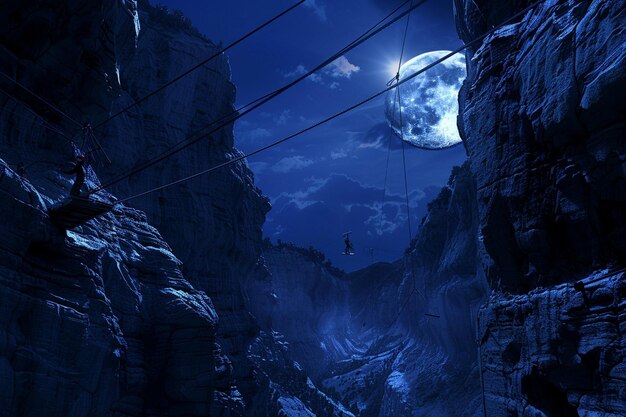 Foto ilustrar el drama de una tirolesa de un cañón iluminado por la luna