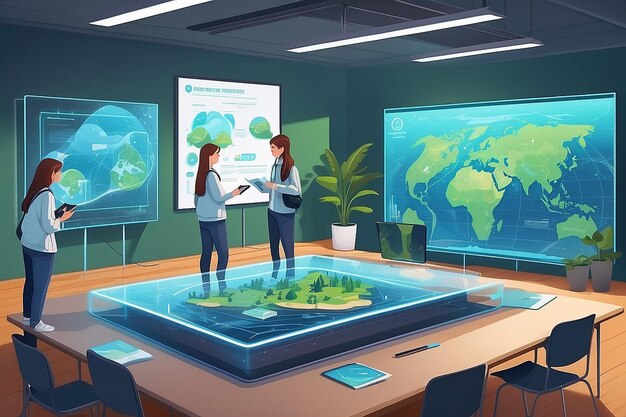 Ilustrar una escena de estudiantes usando pantallas holográficas para simular los esfuerzos de conservación del medio ambiente ilustración vectorial en estilo plano