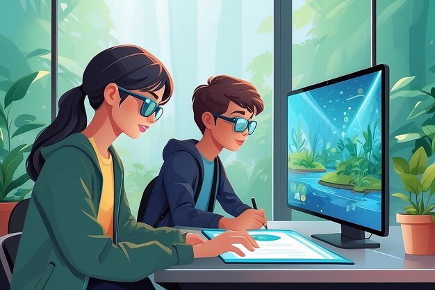 Ilustrar una escena de estudiantes usando pantallas holográficas para simular los esfuerzos de conservación del medio ambiente ilustración vectorial en estilo plano