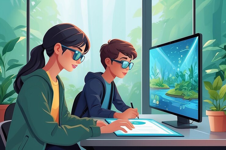 Foto ilustrar una escena de estudiantes usando pantallas holográficas para simular los esfuerzos de conservación del medio ambiente ilustración vectorial en estilo plano