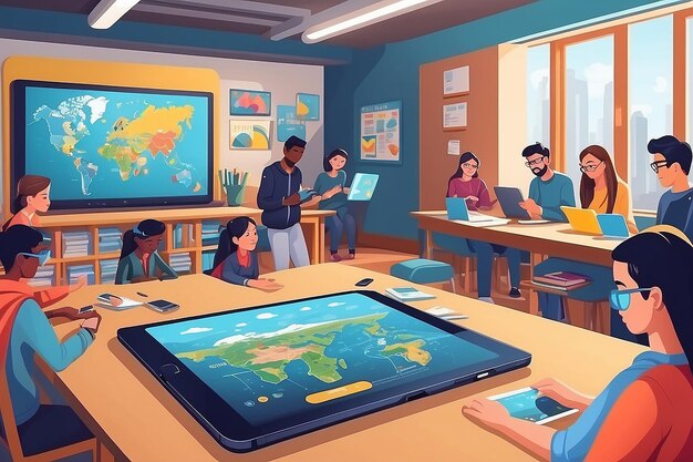 Ilustrar una escena con estudiantes usando tecnología de realidad aumentada para experiencias de aprendizaje interactivas ilustración vectorial en estilo plano