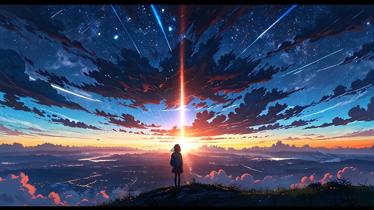 Ilustrar una escena futurista impresionante donde una figura solitaria se encuentra en el borde de una gran ciudad