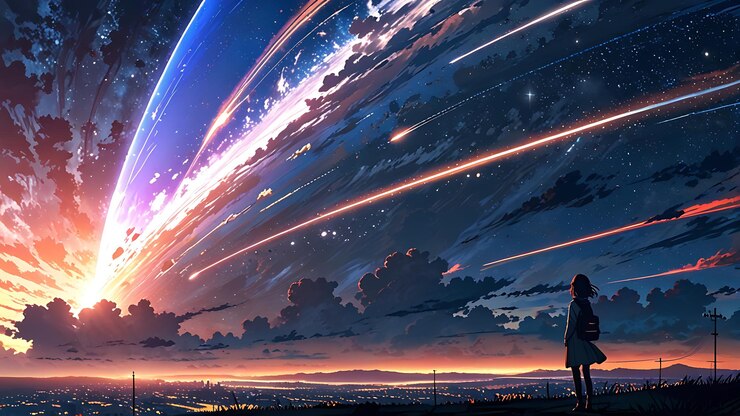 Ilustrar una escena futurista impresionante donde una figura solitaria se encuentra en el borde de una gran ciudad