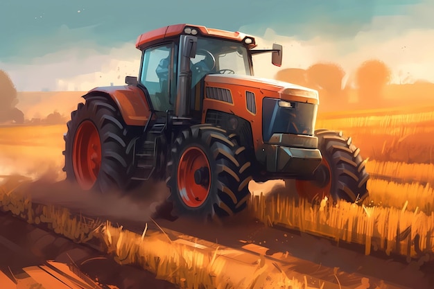 Ilustrar una escena de granja de alta tecnología con un tractor robótico arando un campo IA generativa