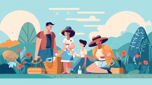 Ilustrar una familia disfrutando de un picnic en un parque soleado