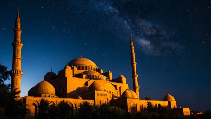 Ilustrar una impresionante escena nocturna con una mezquita silueta contra un cielo estrellado