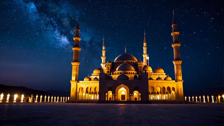 Ilustrar una impresionante escena nocturna con una mezquita silueta contra un cielo estrellado