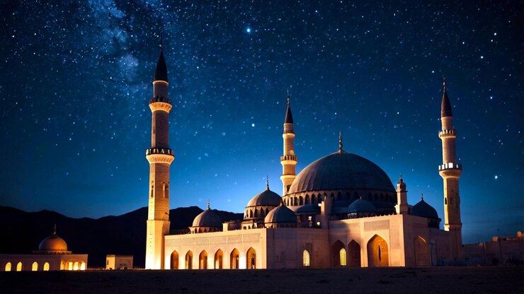 Ilustrar una impresionante escena nocturna con una mezquita silueta contra un cielo estrellado