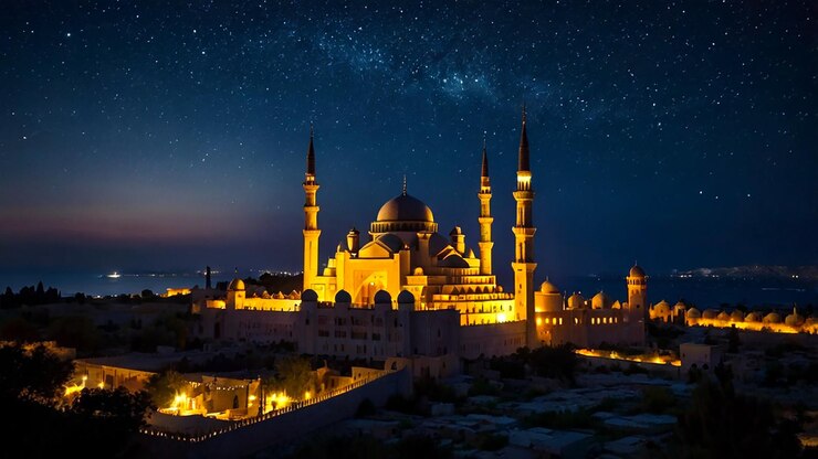 Ilustrar una impresionante escena nocturna con una mezquita silueta contra un cielo estrellado