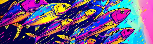 Ilustrar la intrincada danza de los cardúmenes metálicos de peces en una escena fotorrealista bajo el agua