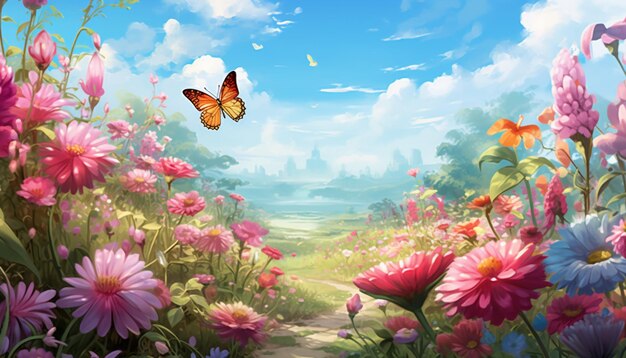 Ilustrar un jardín exuberante lleno de varios tipos de flores y mariposas Esto podría ser una escena colorida y vibrante con mariposas