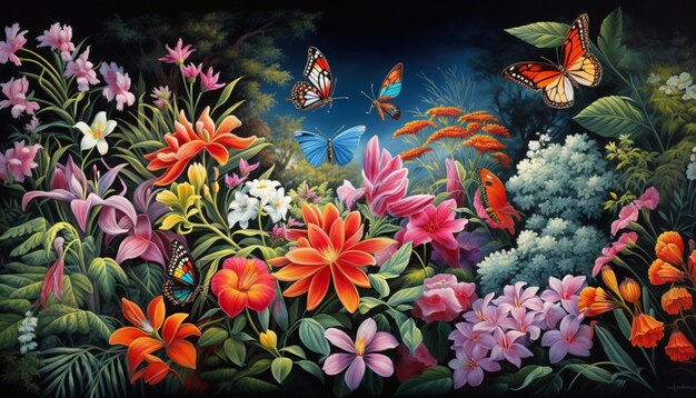 Foto ilustrar un jardín exuberante lleno de varios tipos de flores y mariposas esto podría ser una escena colorida y vibrante con mariposas