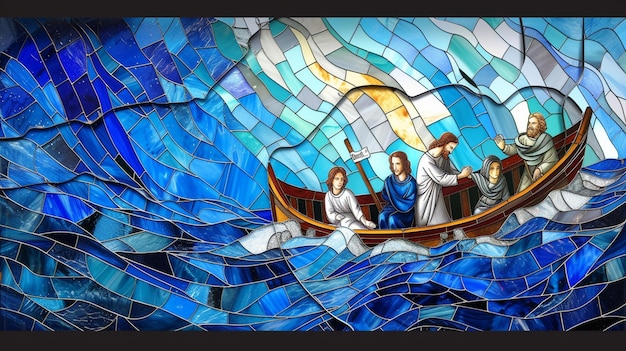 Ilustrar Jesus caminhando sobre a água em um desenho de vidro colorido com tons de azul e branco capturando o milagre e os discípulos admiram no barco