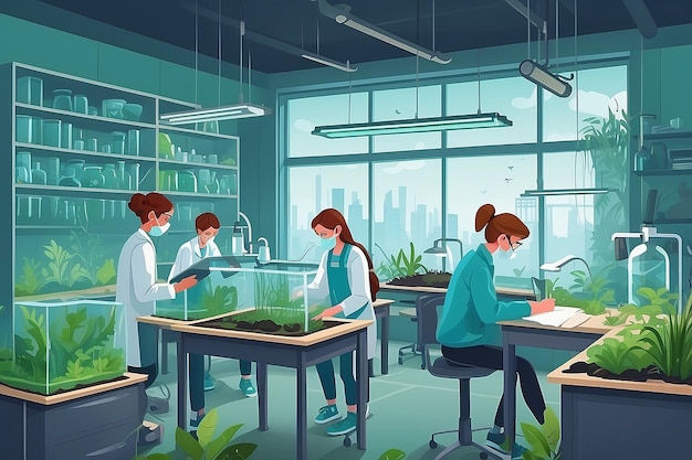 Ilustrar un laboratorio de biología con estudiantes que estudian los efectos de la contaminación en los ecosistemas terrestres Ilustración vectorial en estilo plano