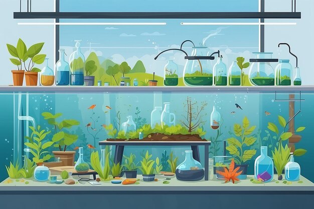 Ilustrar un laboratorio de biología con estudiantes que estudian los efectos de la contaminación en los ecosistemas terrestres
